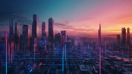 Fototapeta premium Futuristic Cityscape at Sunset with Digital Streams, vibrant city at sunset, high-tech urban environment, skyscrapers and technology, glowing digital streams.