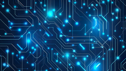 Glowing circuit board design with blue lights and complex network patterns