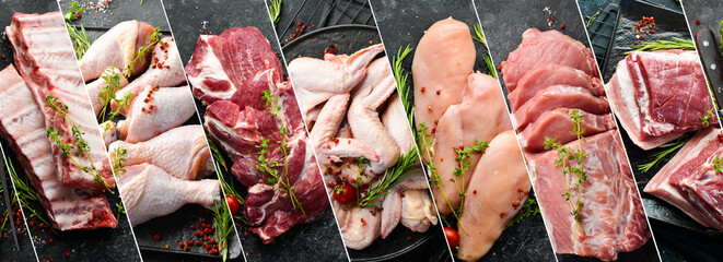 Food collage. Set of fresh pork, chicken and beef meat. Photo banner for market.