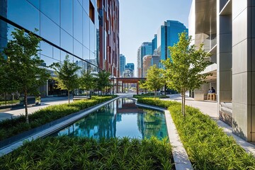 Vibrant Urban Area with Reflective Surfaces and Lush Greenery in Natural Light