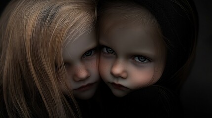 Intimate portrait of two young girls with striking expressions, showcasing unity and emotion, Ideal for themes of childhood, friendship, and sibling bonds in editorial or marketing materials,