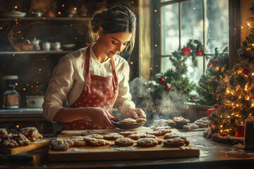 Young Woman Baking Christmas Cookies in Festive Kitchen with Holiday Lights
