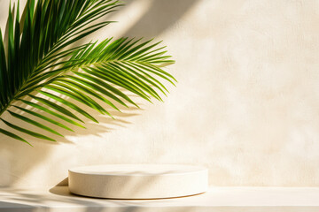 Fototapeta premium Brown display podium with natural palm leaves, perfect for summer product presentations and tropical-themed designs.