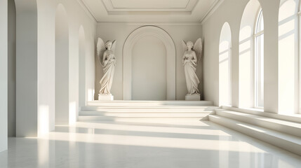 Elegant White Hall with Statues and Lighting