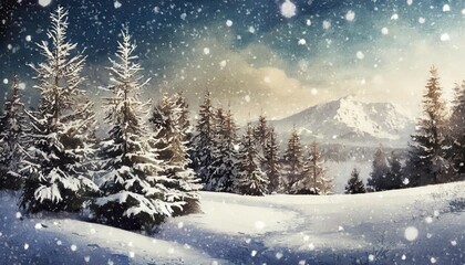 Naklejka premium Vintage Christmas wallpaper featuring a serene winter landscape adorned with snow-covered fir trees, evoking nostalgic holiday charm ideal for festive designs, seasonal decor, and digital