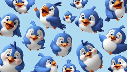 Adorable cartoon birds in various poses against a light blue background.  Playful and cheerful 3D animation.