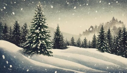 Fototapeta premium Enchanting winter landscape featuring snow-covered fir trees with a timeless, vintage charmâ€”perfect as a classic Christmas wallpaper or seasonal background that evokes nostalgia and warmth.