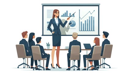 Female Executive Presenting Financial Results on Whiteboard to Team in Modern Meeting Room