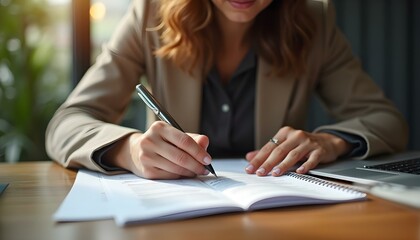 Mujer emprendedora firmando un papel en negocio familiar