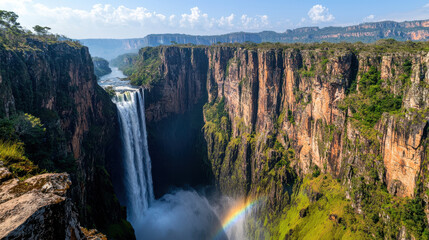 powerful waterfall plunges into deep canyon, creating mist and rainbow