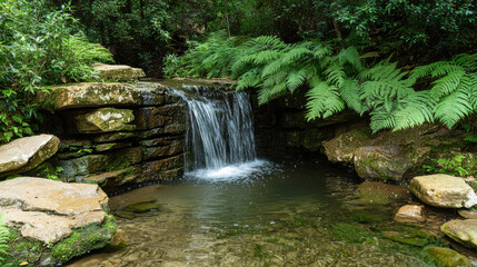 Fototapeta premium serene small waterfall flowing into tranquil pool surrounded by lush ferns