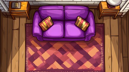 Cozy living room scene featuring purple sofa warm interior digital art inviting atmosphere top-down view home comforts
