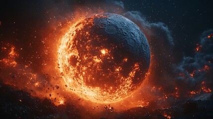Fototapeta premium Crumbling Moon Causing Catastrophic Tidal Waves and Earthquakes in the Night Sky