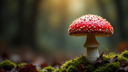 A close-up photograph of a single mushroom with a vibrant red cap adorned with small white spots, set against a blurred forest background.