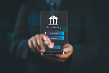 Mobile banking technology concept. Businessman with mobile banking app login screen on smartphone. Fintech, Convenience and security of online financial services, with login credentials and bank icons