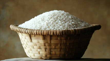 A Close-Up View of Uncooked White Rice Piled Generously in a Traditional Woven Basket Against a Warm, Soft Background, Perfect for Culinary and Food-Related Themes