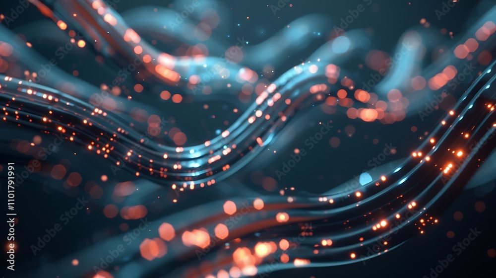 Poster a dynamic abstract composition featuring flowing waves and glowing particles, creating a sense of mo