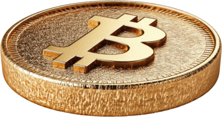 Shiny golden bitcoin coin resting on a smooth surface against a transparent backdrop, embodying the digital currency revolution