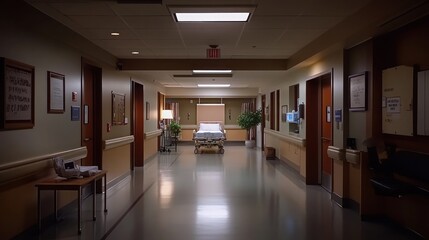 A hospital corridor with a bed, plants, and medical equipment, conveying a clinical atmosphere.
