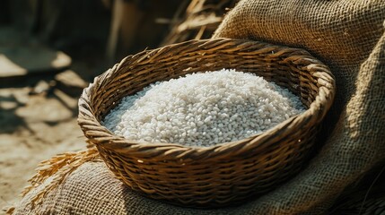 Obraz premium Rustic Woven Basket Filled with White Rice Grain on Natural Textured Surface Surrounded by Warm Ambient Light Suggests Freshness and Simplicity
