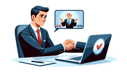 Flat Businessman Shaking Hands Over Video Call Candid Image of Business Deal Technology Fusion