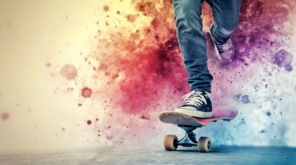 Skateboarding action urban street dynamic sports photography colorful background low angle view youthful energy