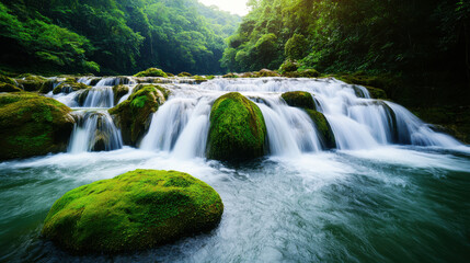 Obraz premium Lush waterfall cascading over mossy rocks in serene forest landscape