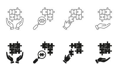 Strategy Solution Line and Silhouette Icon Set. Success Teamwork. Jigsaw Piece Pictogram. Brainstorming Concept. Editable Stroke. Isolated Vector Illustration