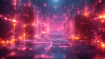 Digital landscape featuring glowing cubes in vibrant colors and futuristic ambiance. Generative AI