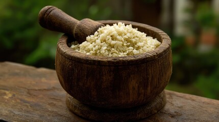 Rustic wooden bowl filled with coarse salt grains and wooden pestle on a rustic table, accentuated by a lush green background in natural light setting.