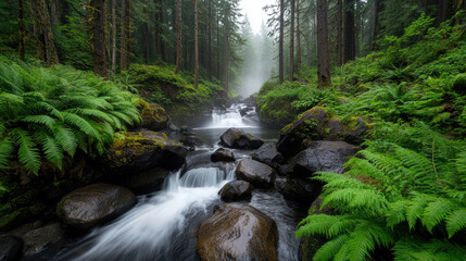 Obraz premium serene waterfall flows gently through lush green forest landscape