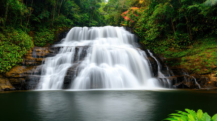 Obraz premium serene multi tiered waterfall surrounded by lush green forest