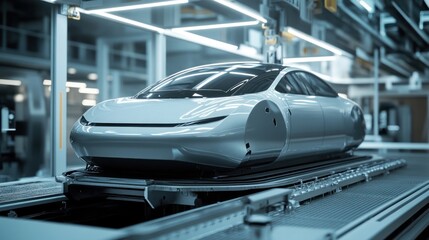 Sleek Silver Electric Vehicle On Assembly Line