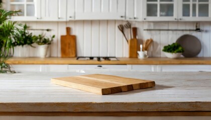 Wooden Light Empty Tabletop in Modern White Kitchen Interior with Clean Kitchen Panel. Minimalist Template for Product Display, Food Photography, or Home Interior Design Ideas