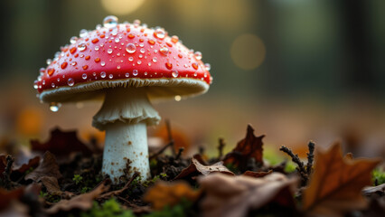 A vibrant red muscimol mushroom growing in a natural forest setting with leaves surrounding its base, covered in fresh dew droplets reflecting sunlight.