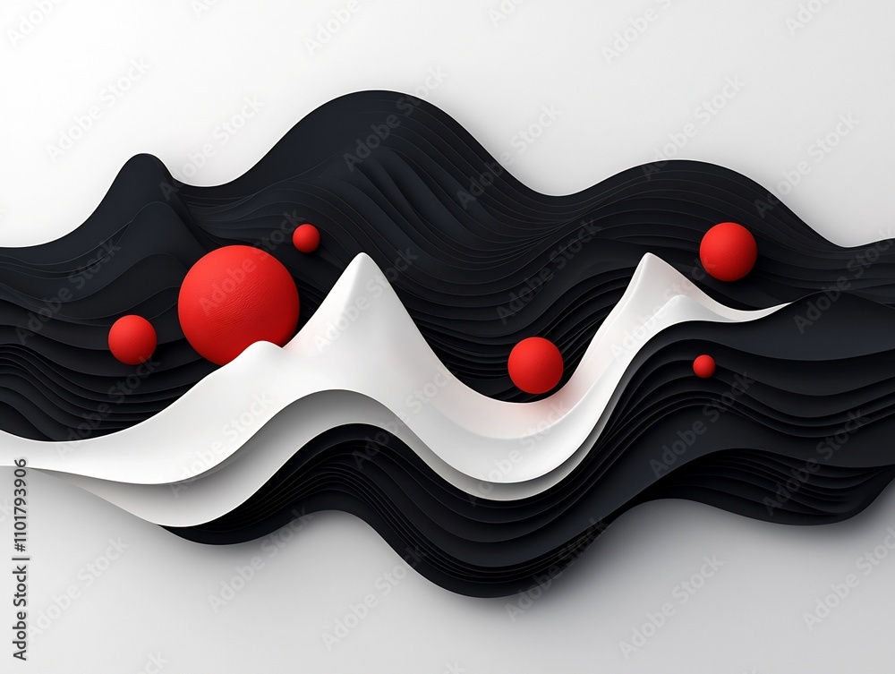 Poster enigmatic abstract scenery featuring a deep black and charcoal backdrop with undulating red spheres 