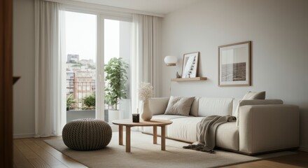 Fototapeta premium Modern minimalist living room with beige sofa and large window overlooking cityscape