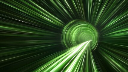 Obraz premium The image shows an abstract representation of a green, glowing tunnel or vortex with lines radiating outward, creating a sense of speed and movement.