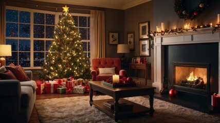 Cozy Christmas Living Room with Fireplace and Decorated Tree