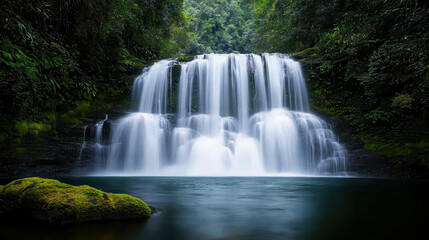 Fototapeta premium serene waterfall cascades over rocks, surrounded by lush greenery
