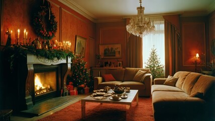 Naklejka premium Cozy Christmas Living Room with Fireplace and Decorated Tree