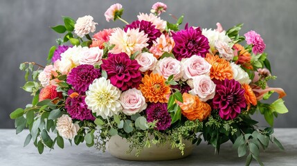 A lush, overflowing bouquet of roses, dahlias, and greenery displayed on a chic modern table.