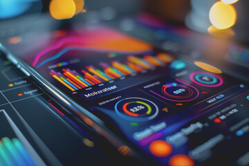 Obraz premium A smartphone displaying business analytics, bright colors, sharp focus, and modern technology.