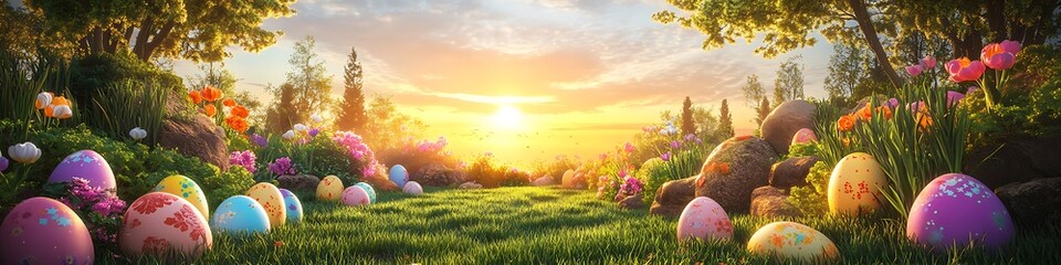 A peaceful sunrise over a garden filled with colorful Easter decorations