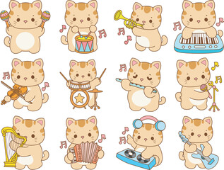 Illustration of cute kitty icon.
Funny cat in daily activities elements.
