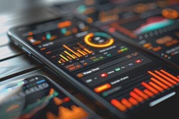 Obraz premium A smartphone displaying business analytics, bright colors, sharp focus, and modern technology.