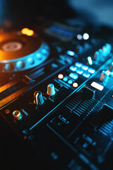 closeup of professional digital pioneer dj decks and audio mixer equipment ready for party in...
