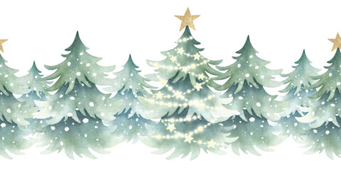 Obraz premium Christmas spruces forest snow-covered. Fir tree with festive golden star decoration on top and shining garland lights. Hand drawn watercolor isolated seamless border for New Year horizontal banners.