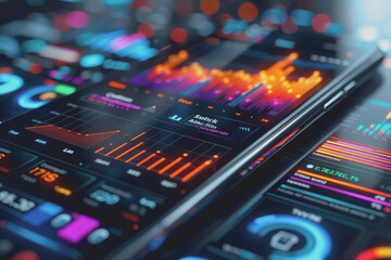 Obraz premium A smartphone displaying business analytics, bright colors, sharp focus, and modern technology.