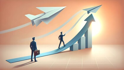 Obraz premium Flat Plain Gradient Rising Paper Airplane Concept Illustration for Business Growth and Development